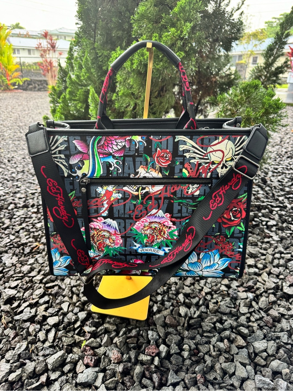 Ed Hardy NWT Love Kills Slowly Straw Tote Bag Tiger Koi Skull Crossbody - Picture 3 of 15